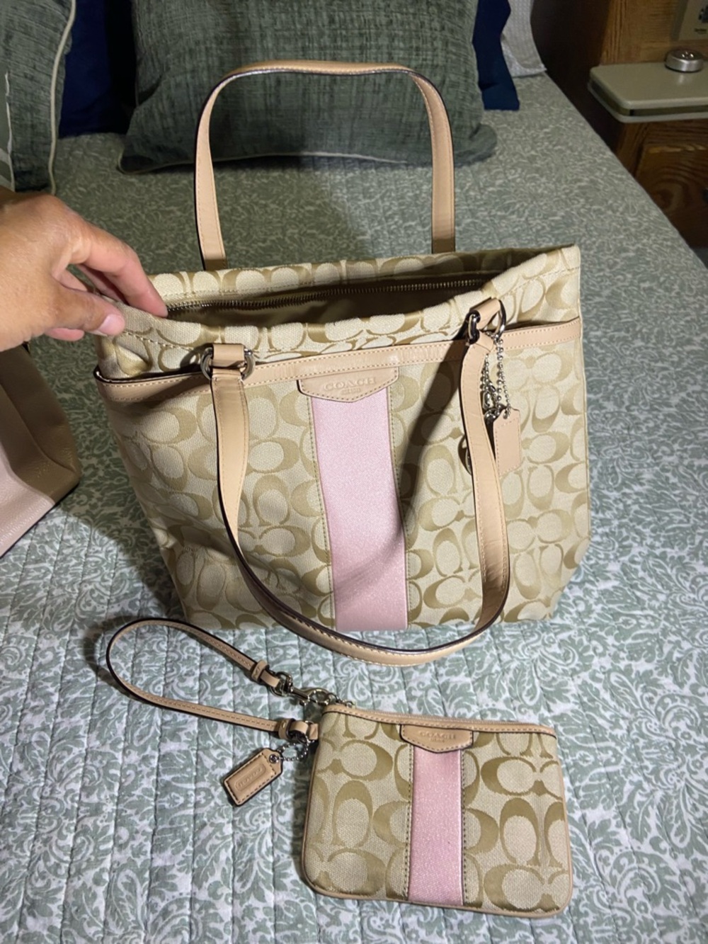 Coach Beige Signature Canvas Tote with Pink Center Stripe and Wristlet